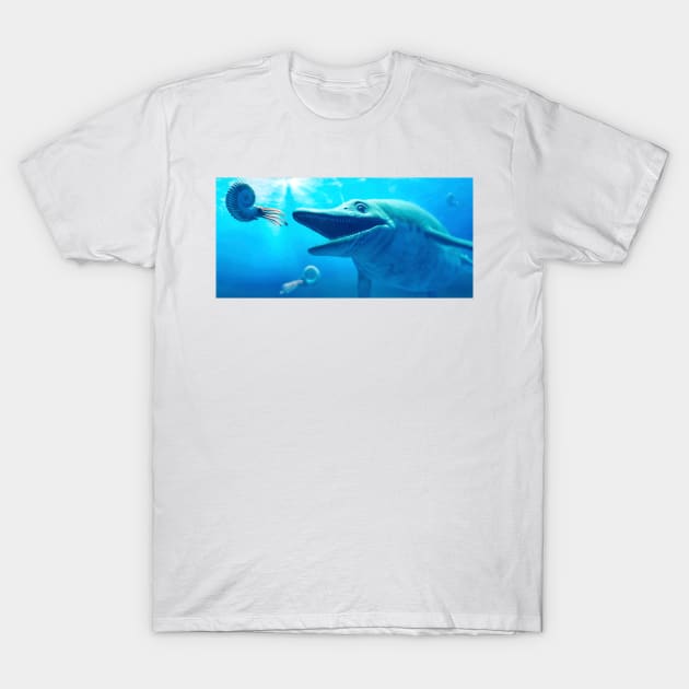 Ichthyosaurus hunting ammonites, illustration, (F033/6186) T-Shirt by SciencePhoto